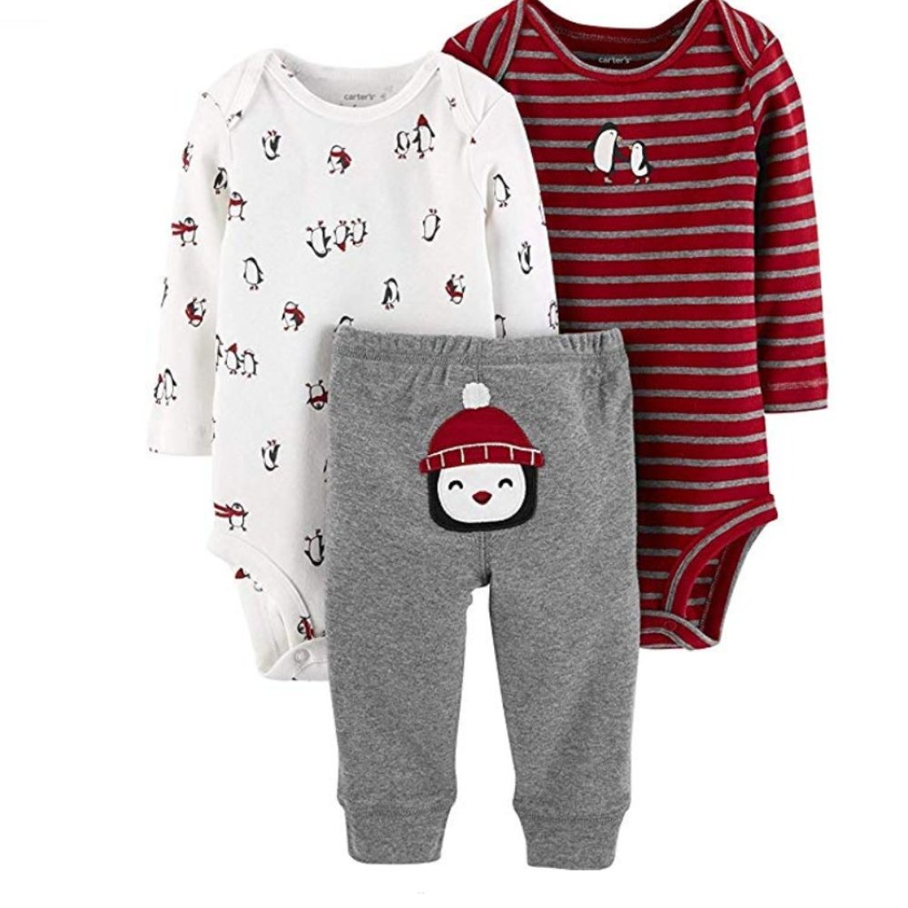 Carter's Baby Boy Pant Set Size 3 Months Red Gray Black Penguin Bodysuit